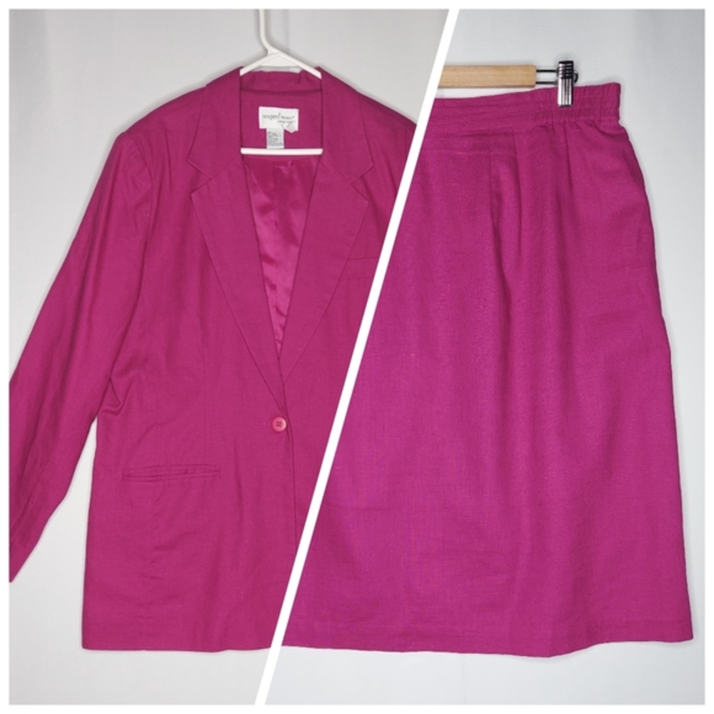 Newport News Linen-Blend Skirt Suit Set 14P Pink Button Classic Old Money vtg